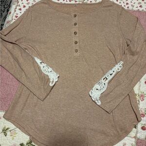 Tan Long Sleeve Top with Lace Details